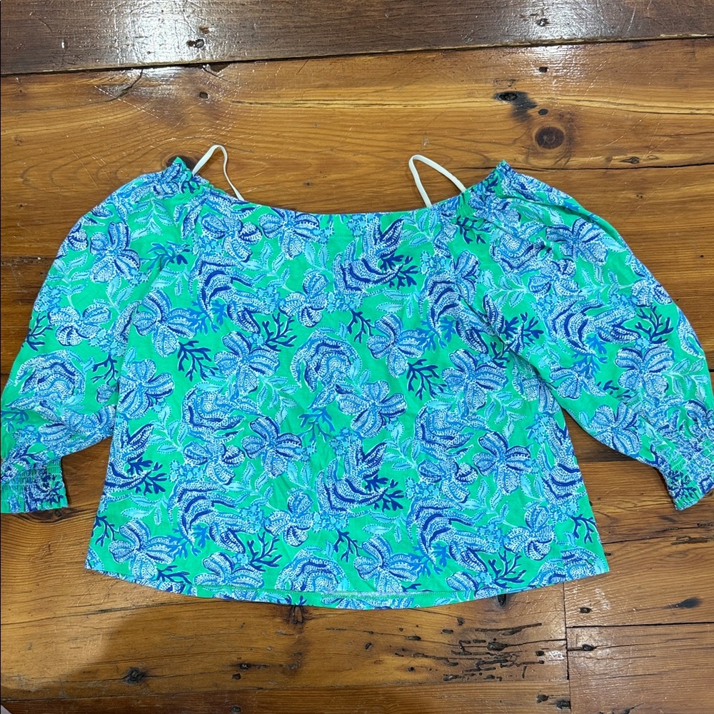 Lilly Pulitzer Vibrant Blue Floral Of The Shoulder Blouse Top Shirt Size Large - Picture 9 of 10